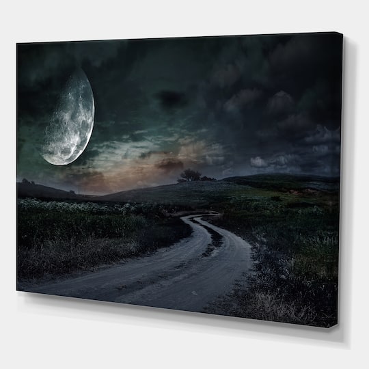 Designart - Rural Road Through The Meadow Under Full Moon